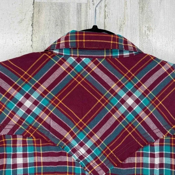 Wrangler Western Shirts Pearl Snap Men Medium Red Plaid Long Sleeve Cotton Blend - Picture 4 of 9